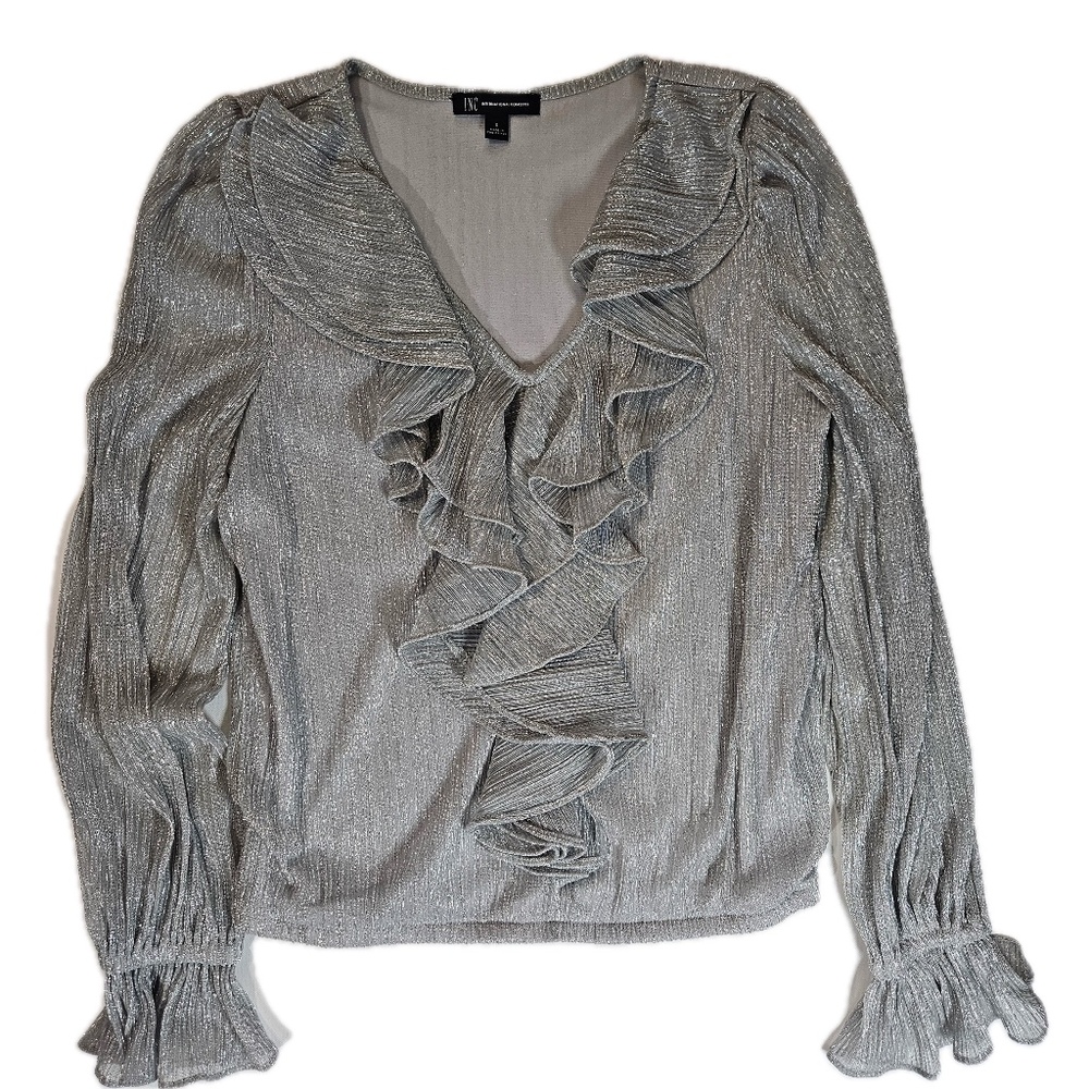 INC International Concepts Blouse Womens S Silver Ruffle Pleated V-Neck